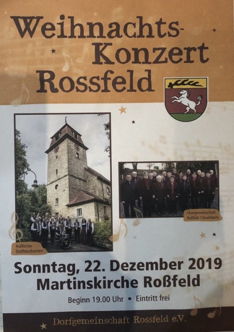 Weihnachtskonzert am 22.12. 2019, 19 Uhr in der Martinskirche in Roßfeld !